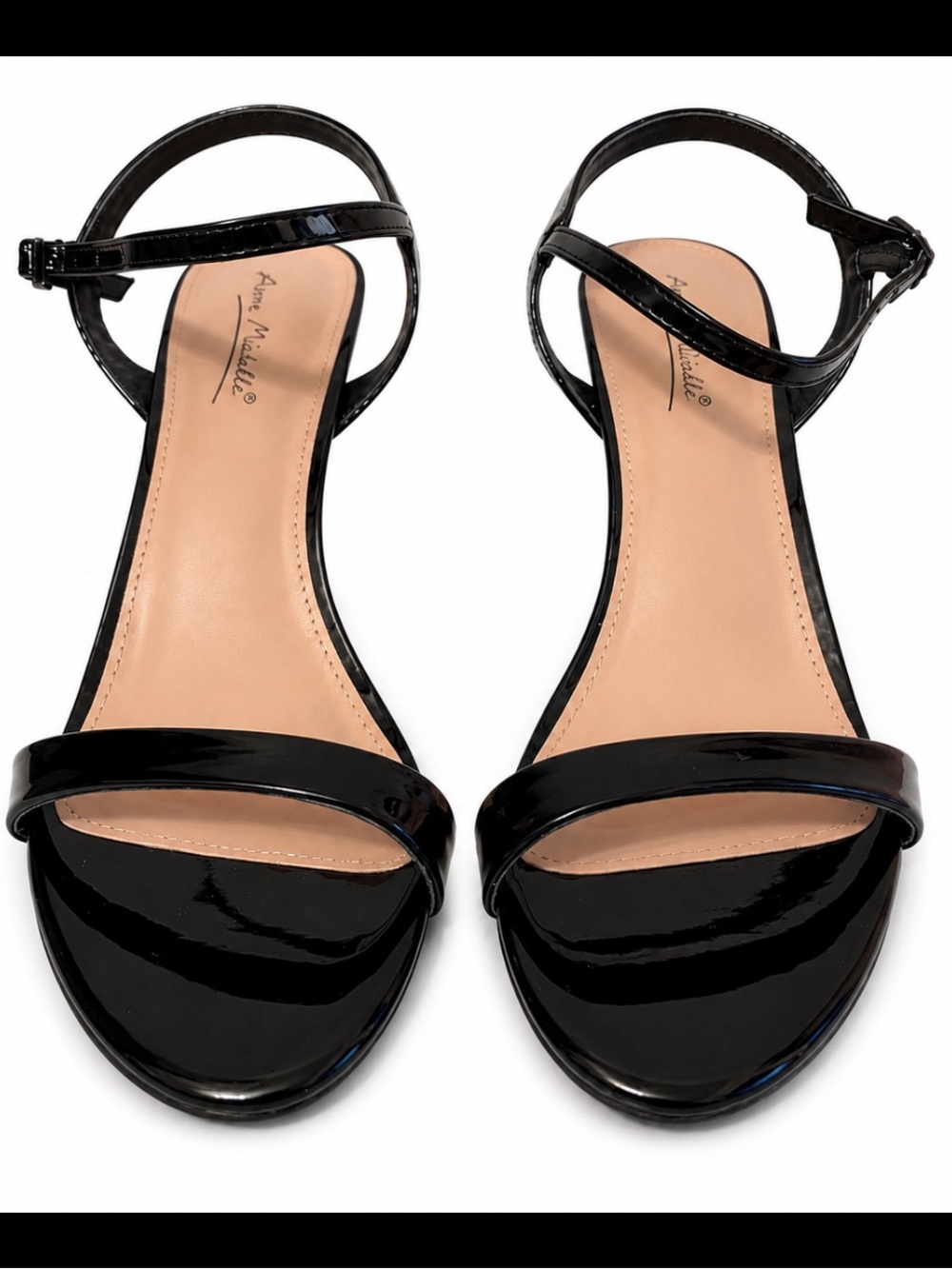 Anne Michelle Black Patent Open-Toe Ankle-Strap Heels